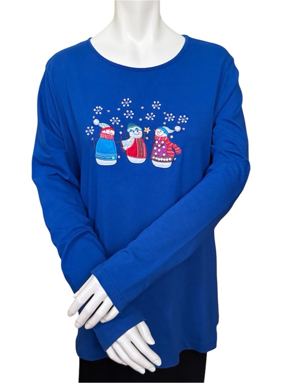 Women’s Holiday Embroidered Blue Long-Sleeve Snowman Graphic Tee - Large